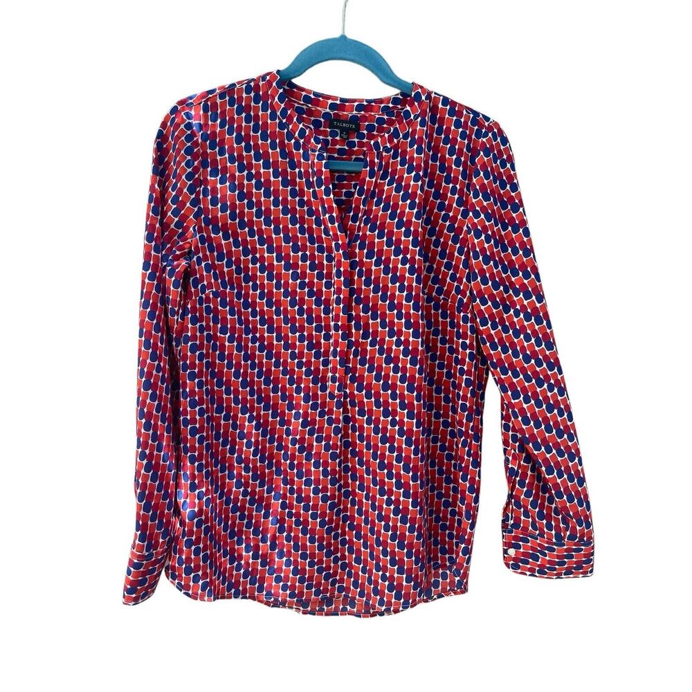 Talbots Blouse Women’s 6 Red Blue Orange Pullover Long sleeve Polyester Career